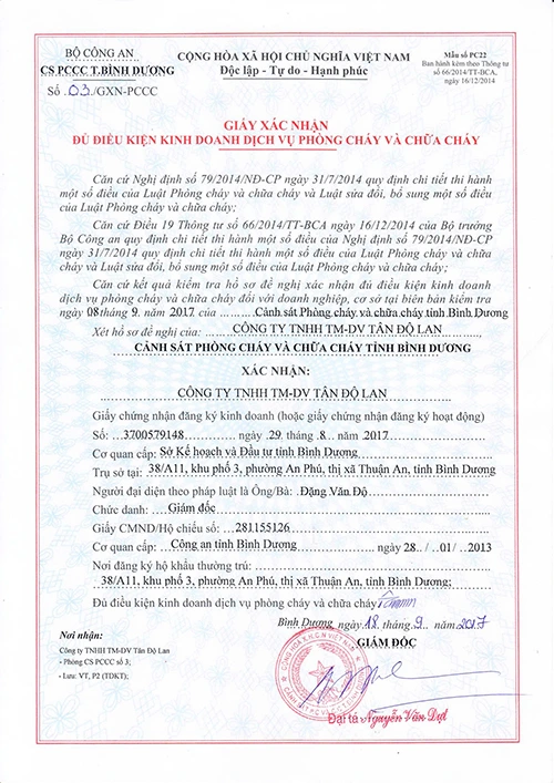 GIẤY CHỨNG NHẬN ĐỦ ĐIỀU KIỆN KINH DOANH DỊCH VỤ PCCC