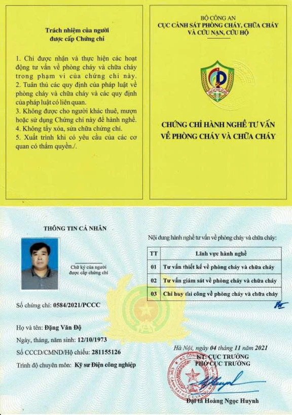 CHỨNG CHỈ HÀNH NGHỀ PCCC ĐẶNG VĂN ĐỘ