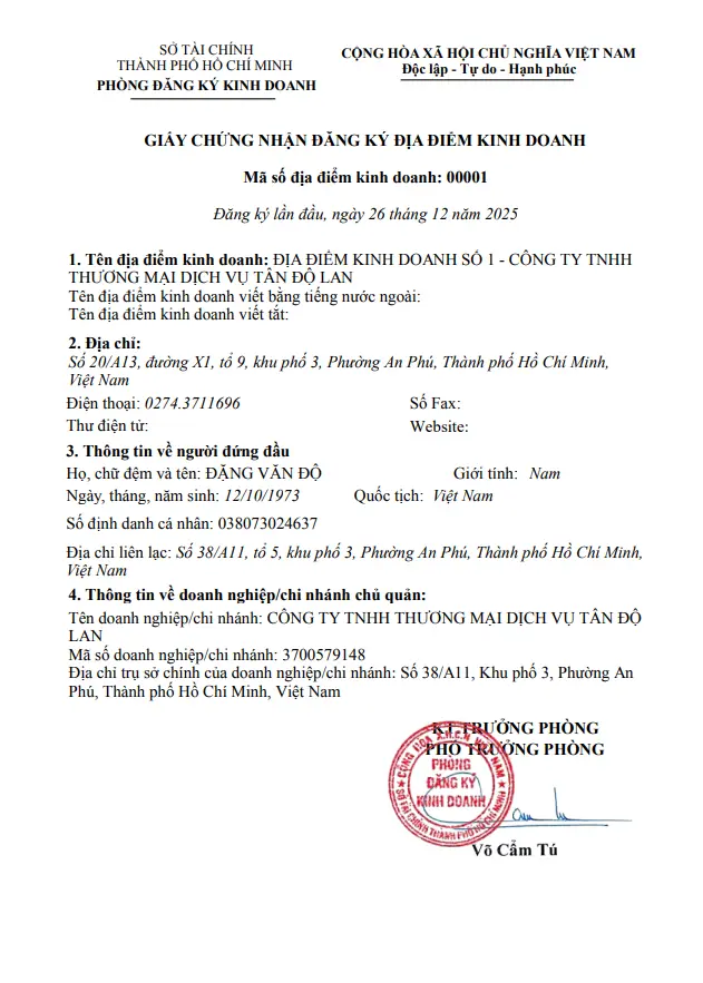 GIẤY CHỨNG NHẬN ĐĂNG KÝ ĐỊA ĐIỂM KINH DOANH